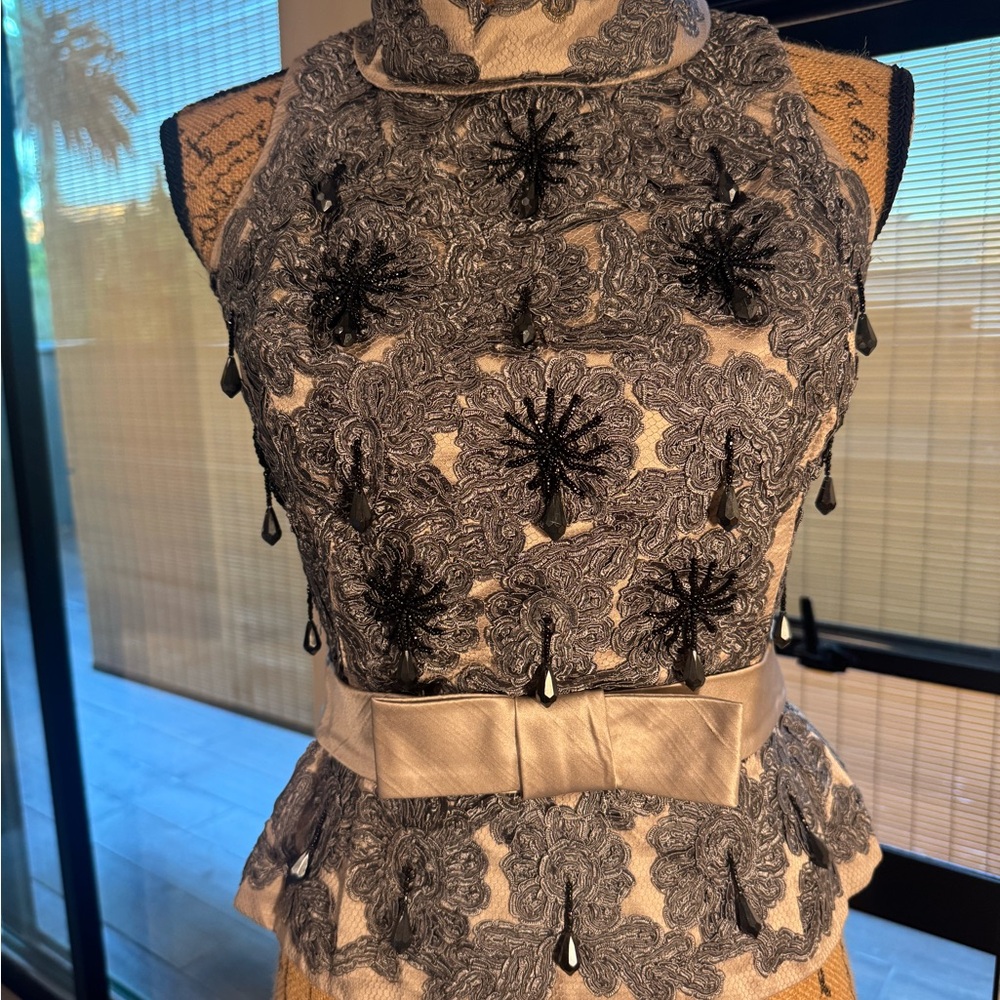 Vintage Gray Lace Appliqué Peplum Tunic with Black Beaded Accents